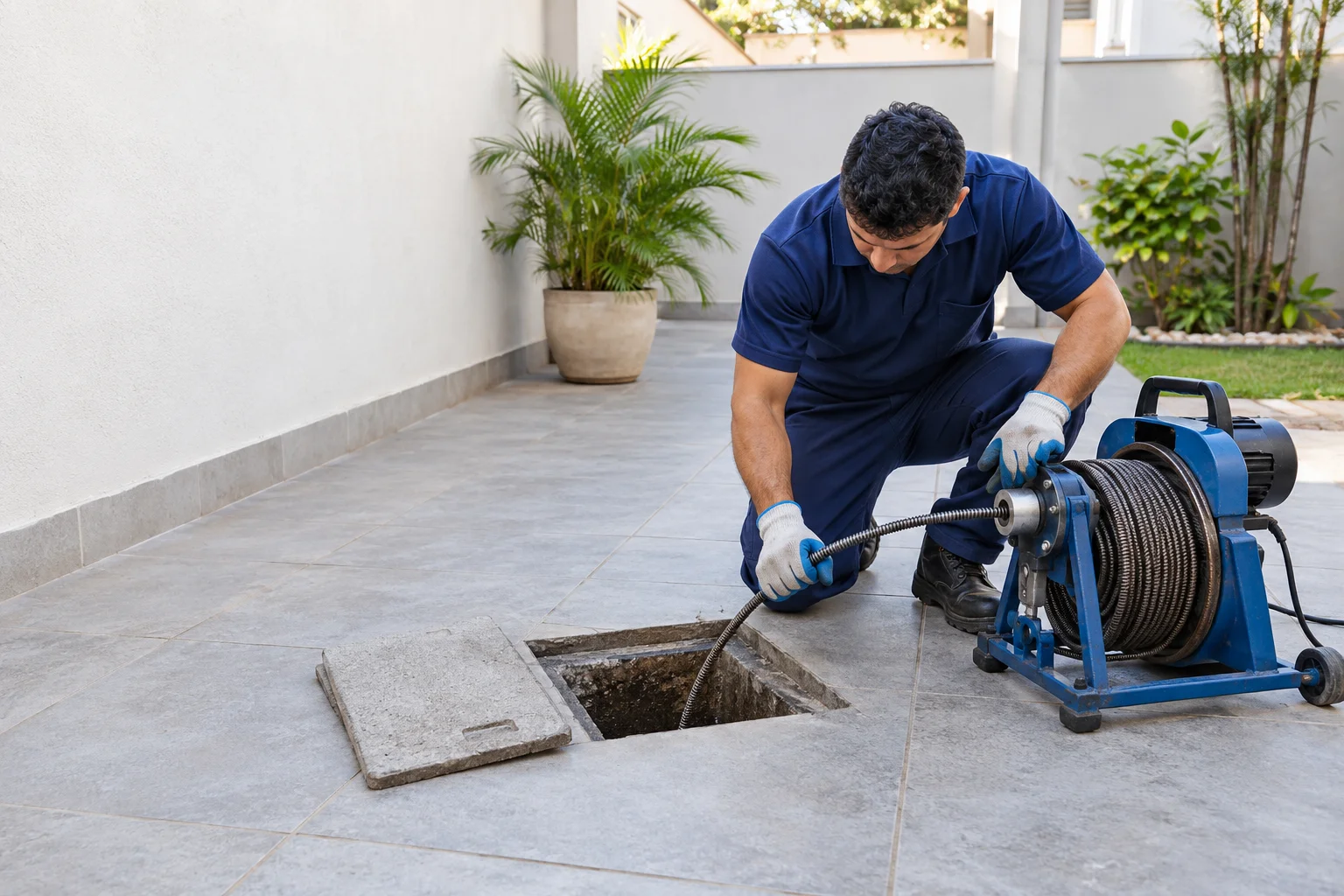 Imagem ilustrativa de profissional com equipamento para desentupimento